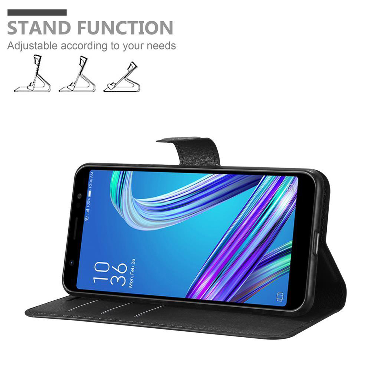 Schwarzes Telefon in einer schwarzen Hülle, in Standposition, drei Ständerdesigns, auf weißem Hintergrund.