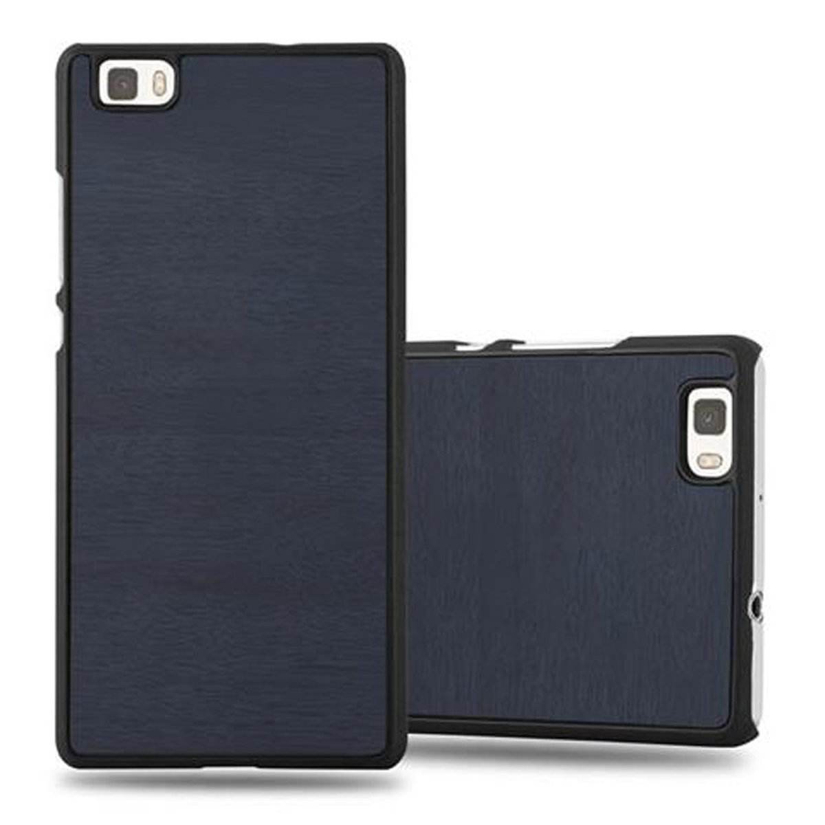Dos fundas azules para teléfono. Una vertical, la otra horizontal. Ambas tienen bordes negros.