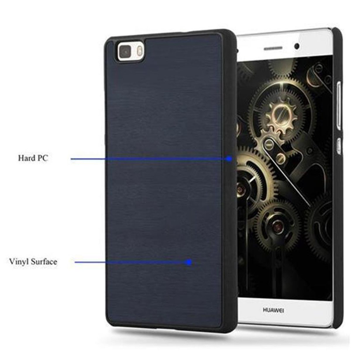 Dos teléfonos. Uno en una funda azul marino, el otro es blanco. La funda tiene una superficie de PC y vinilo.