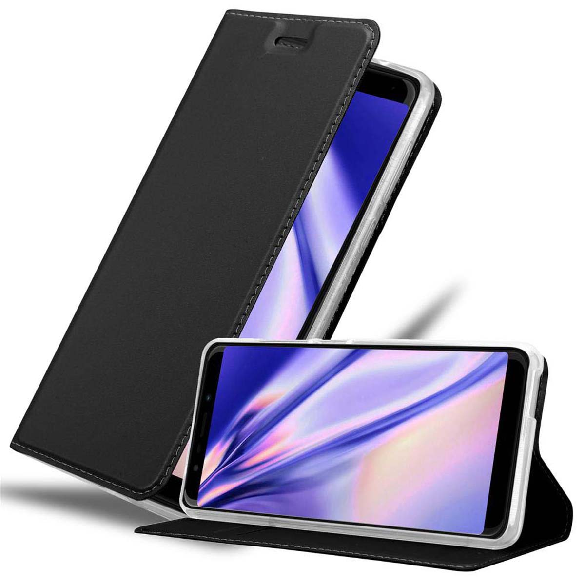 Funda de teléfono negra abierta, con teléfono dentro que muestra pantalla colorida. Otro abajo.