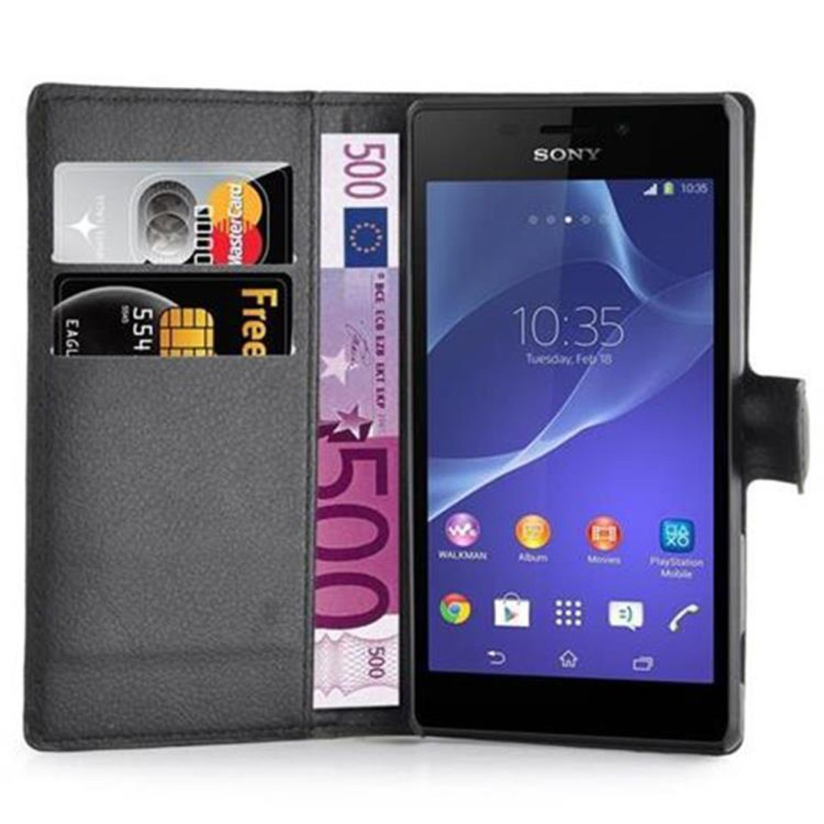 Funda de teléfono negra abierta con teléfono, tarjetas de crédito y billete de 500 euros. Hora.