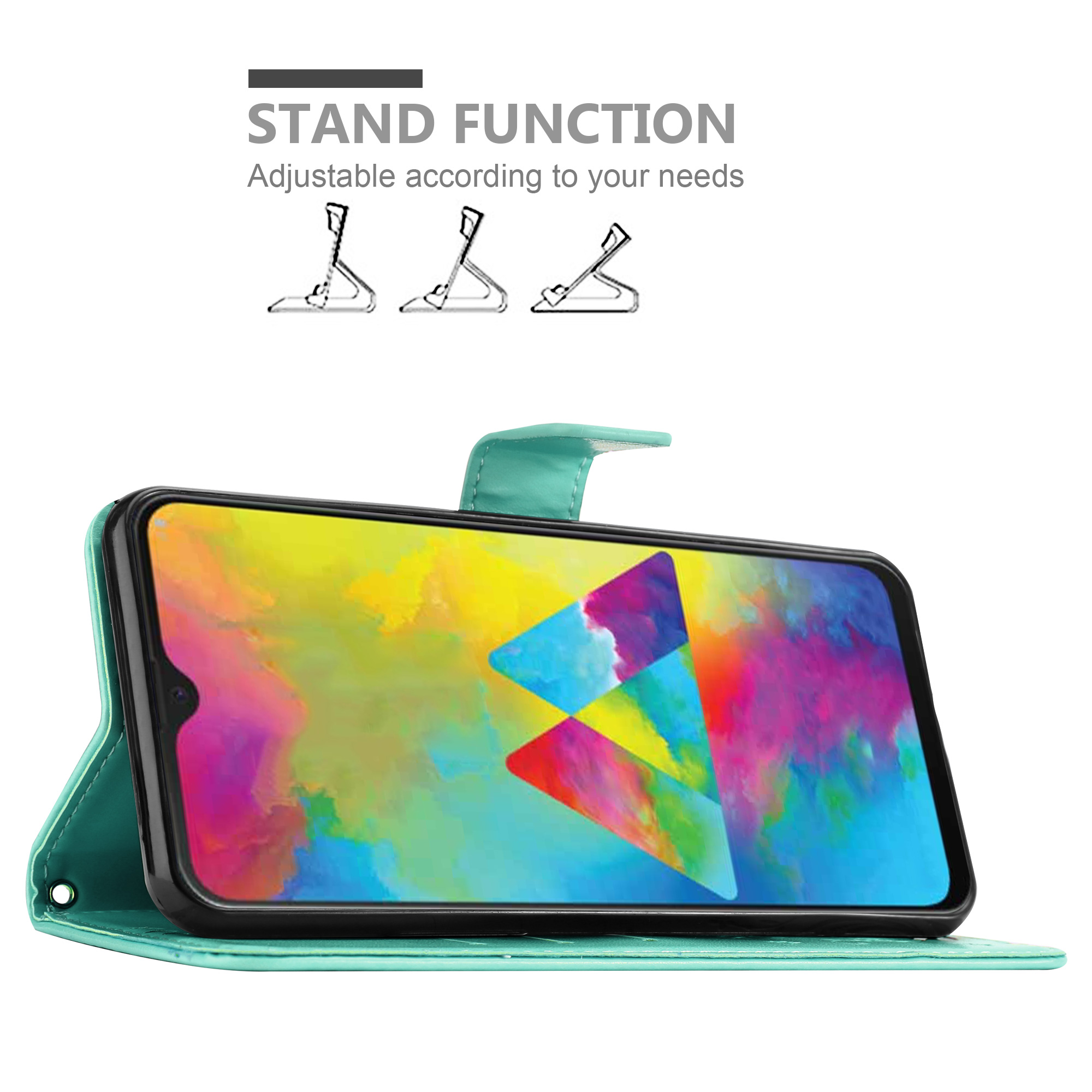 Un telefono in una custodia turchese è aperto, mostrando uno sfondo astratto colorato. La custodia ha una funzione stand.