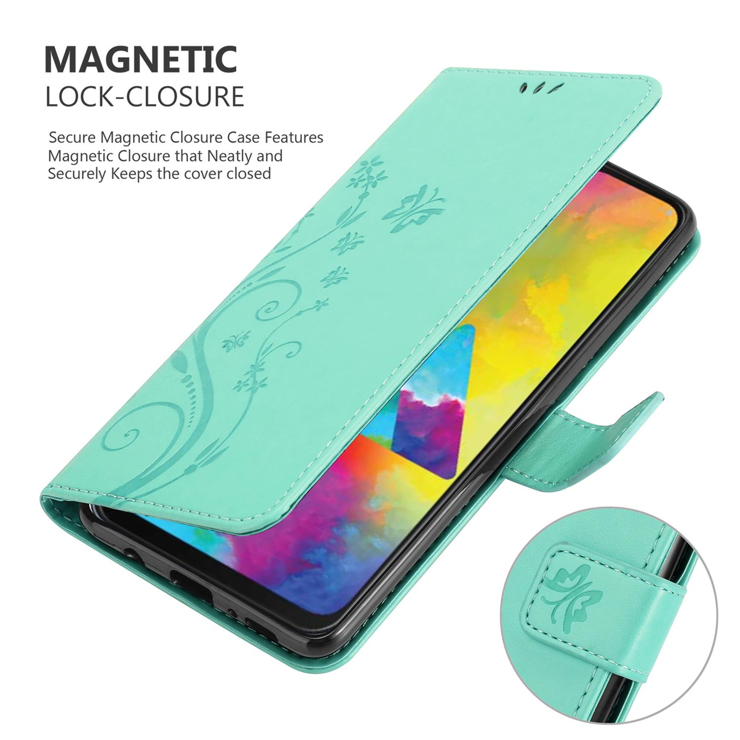Custodia verde con design floreale, aperta. Lo schermo del telefono mostra uno sfondo colorato. Chiusura magnetica.