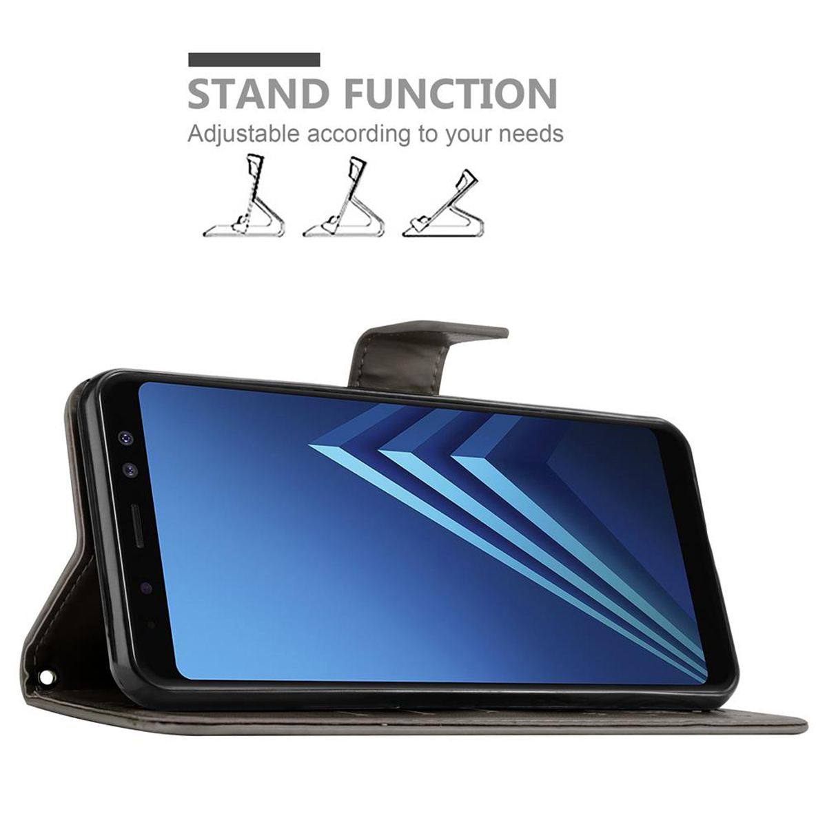 Telefono in una custodia con funzione stand. Lo schermo mostra sfondo blu con linee bianche.
