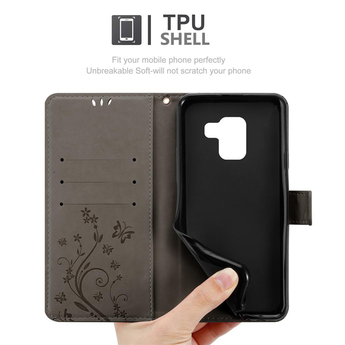Custodia grigia per telefono con design floreale, che tiene un telefono.