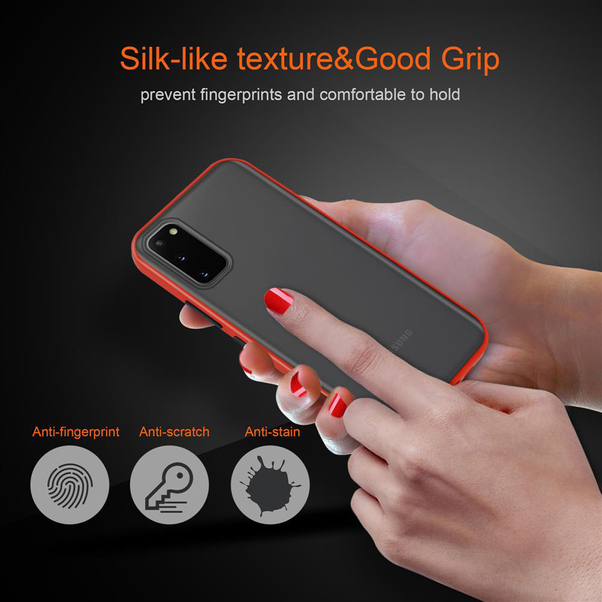 Hand hält Telefon mit rot umrandeter, grauer Hülle. Fingerabdruck-, Kratzschutz- und Fleckenschutzsymbole.