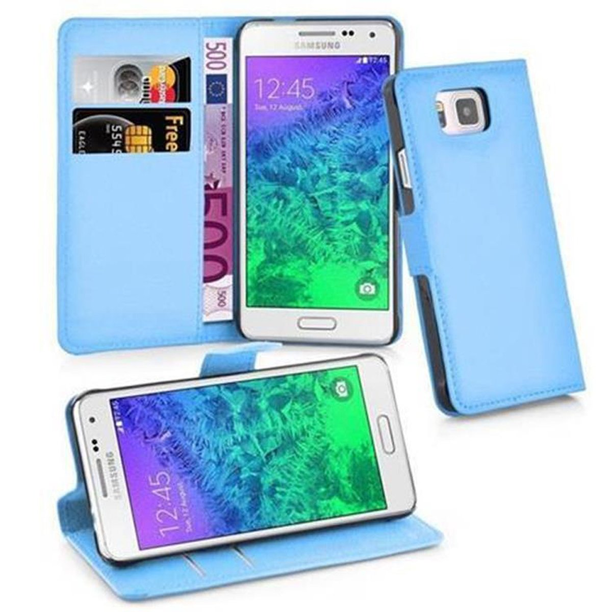 Coque de téléphone bleu clair avec téléphone, fentes pour cartes et argent. Un téléphone est visible.