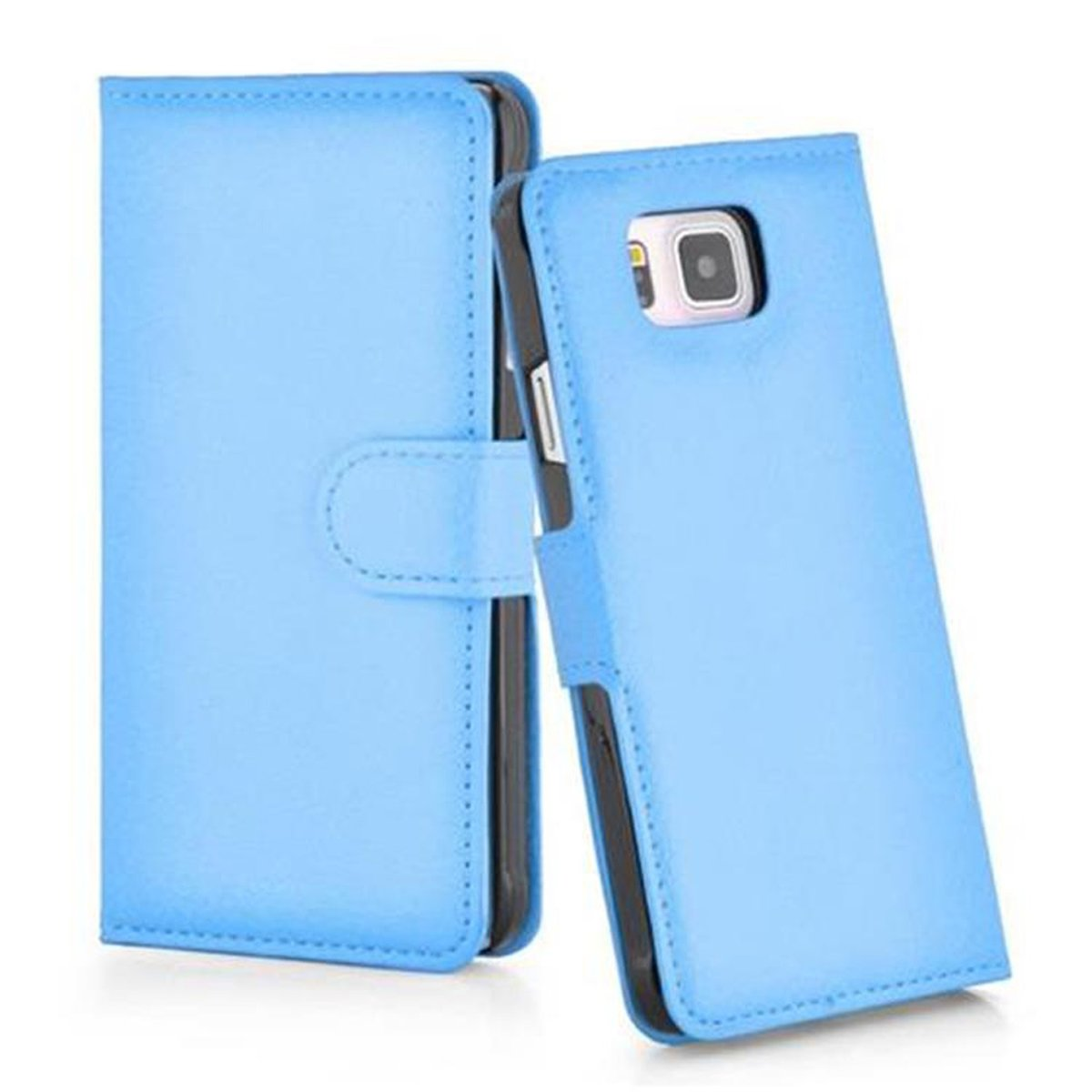 Étui de téléphone bleu clair, fermé, avec un téléphone à l'intérieur. Texte : Fermeture magnétique.