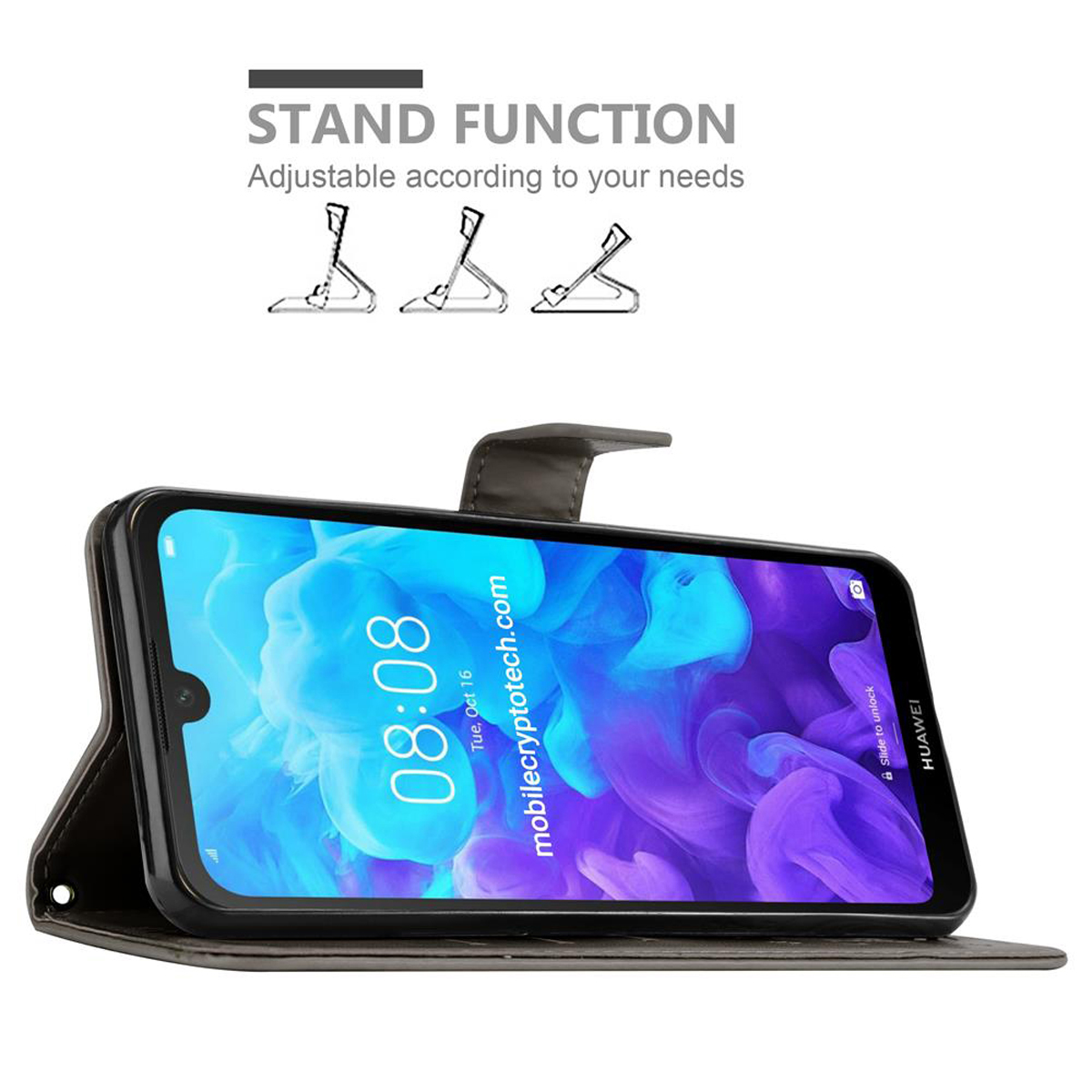 Custodia del telefono aperta con telefono, in funzione stand. Testo: 'Stand Function'. Schermo e stand.