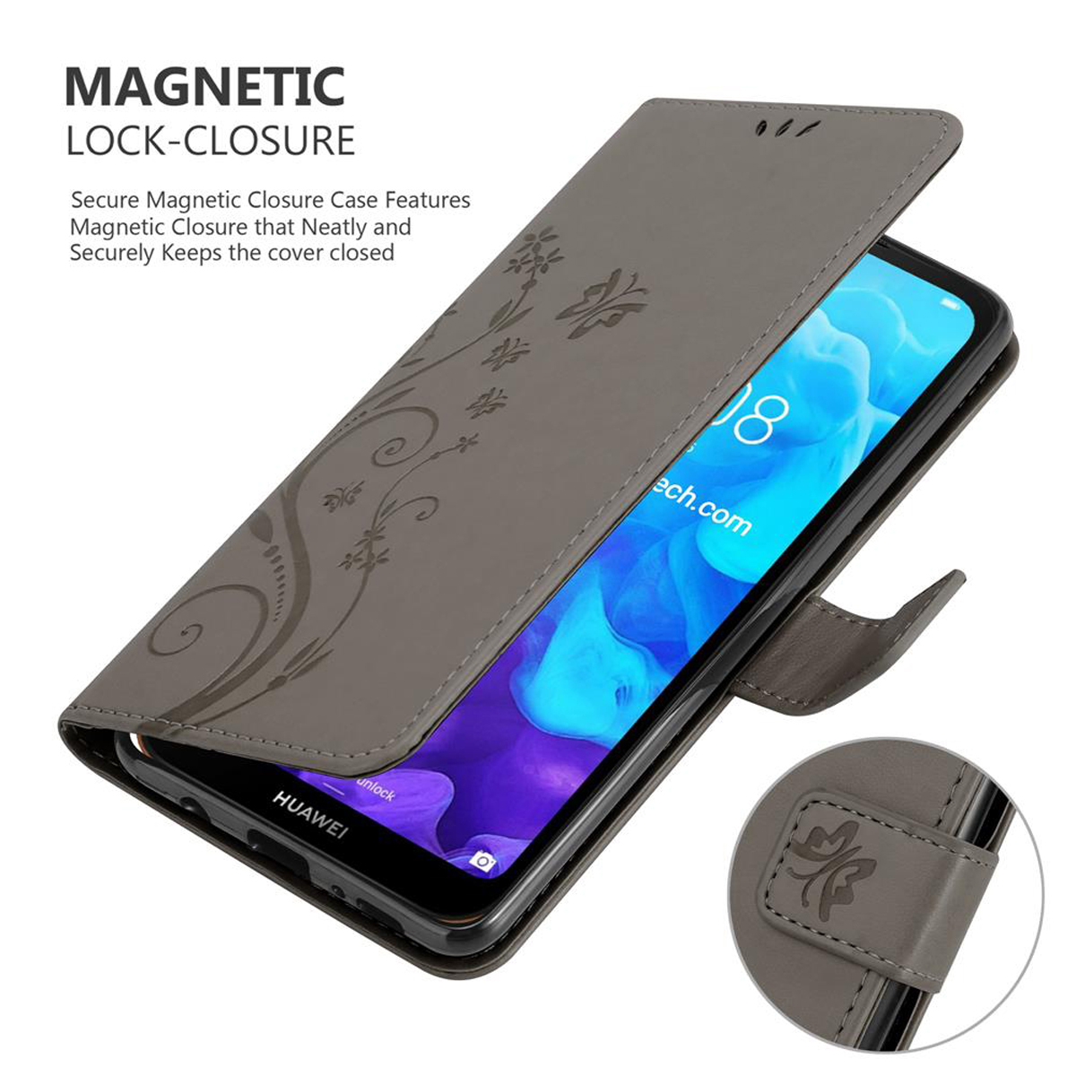 Custodia grigia per telefono, aperta, che mostra un telefono con schermo blu. Design floreale e chiusura magnetica.