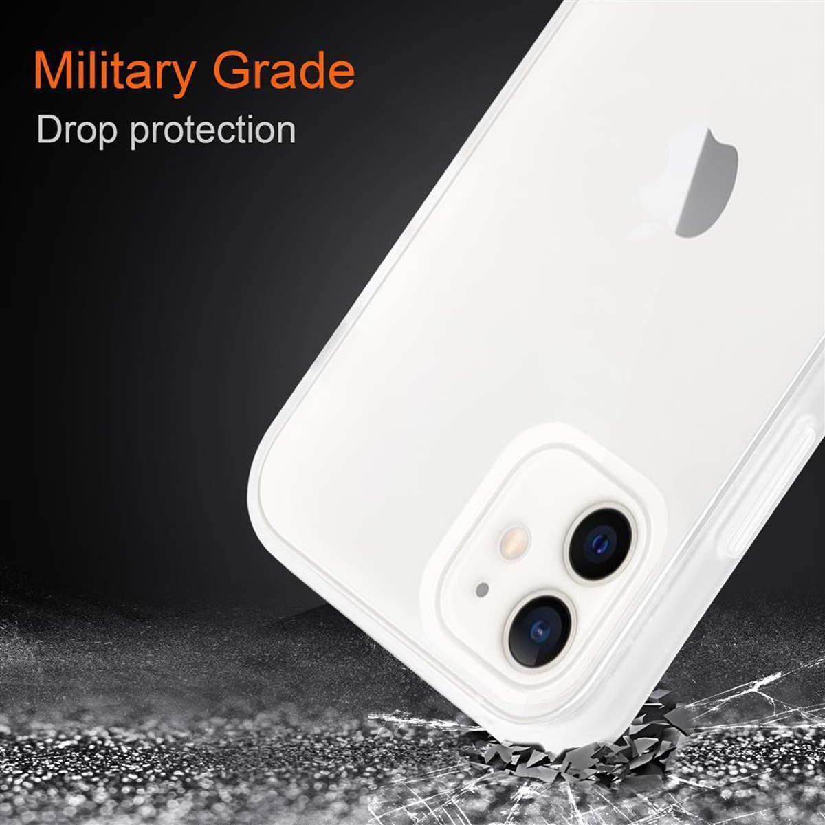 Custodia trasparente con telefono. Il testo dice protezione da caduta di grado militare.
