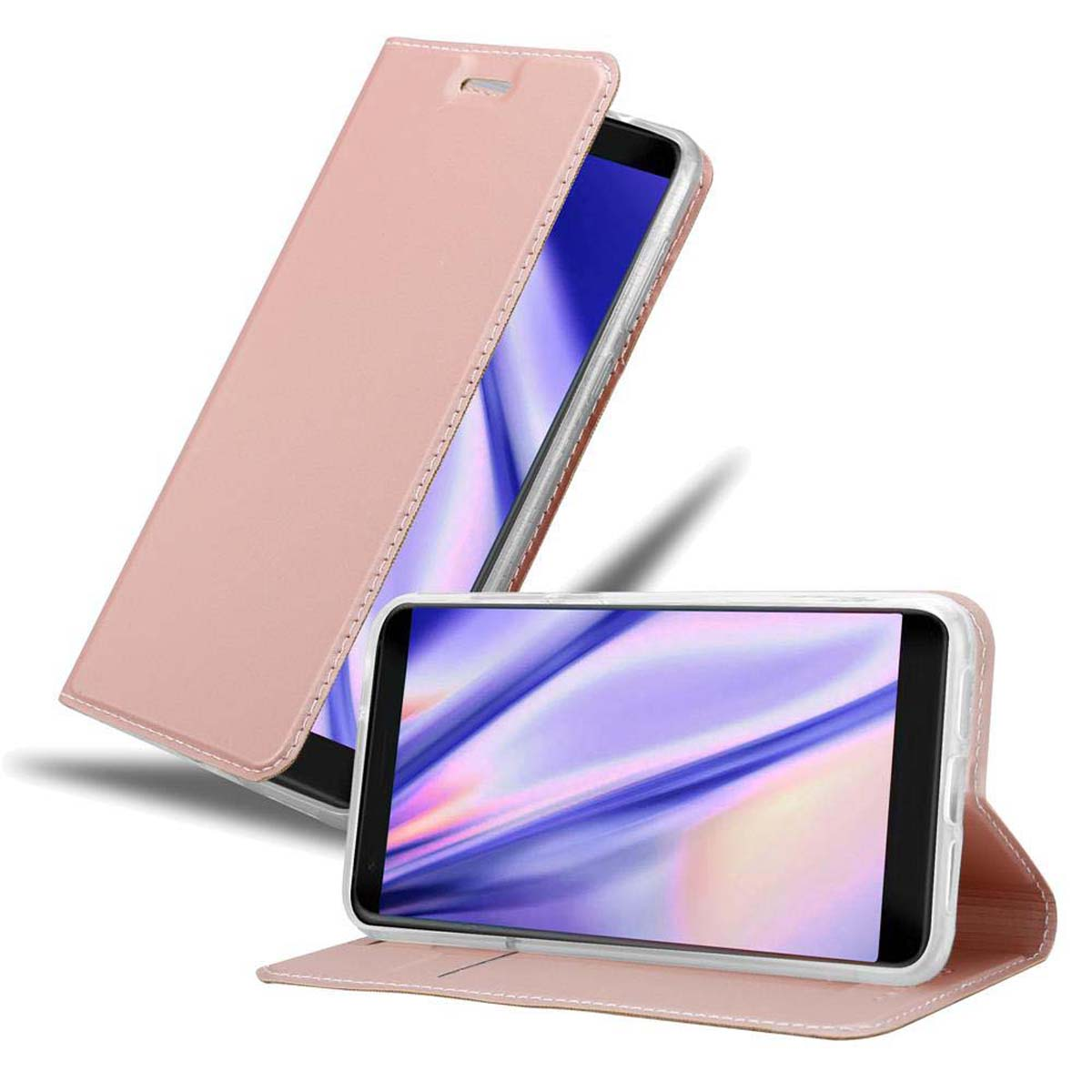 Eine rosa Handyhülle mit einem Telefon darin, die Hülle ist offen.