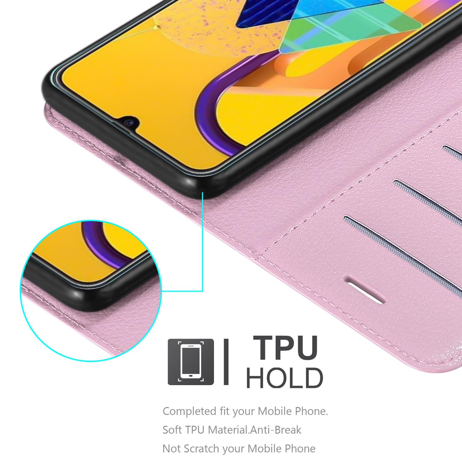 Custodia rosa aperta con telefono. Testo 'TPU HOLD'.