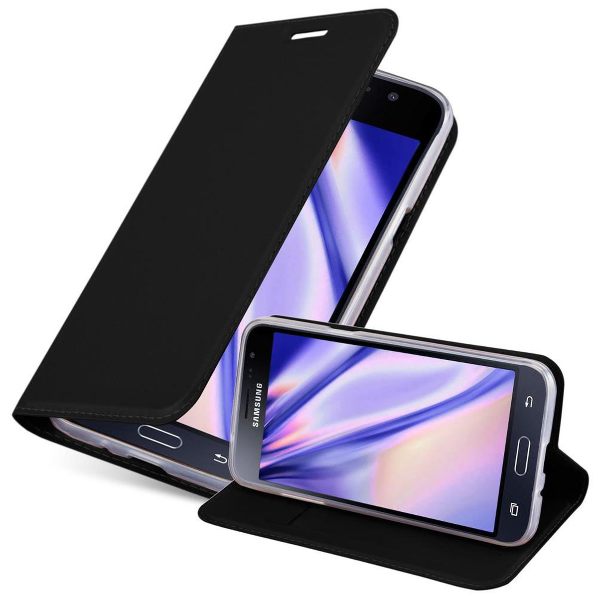 Custodia per telefono nera aperta, telefono visibile. Un'altra custodia per telefono aperta piatta.