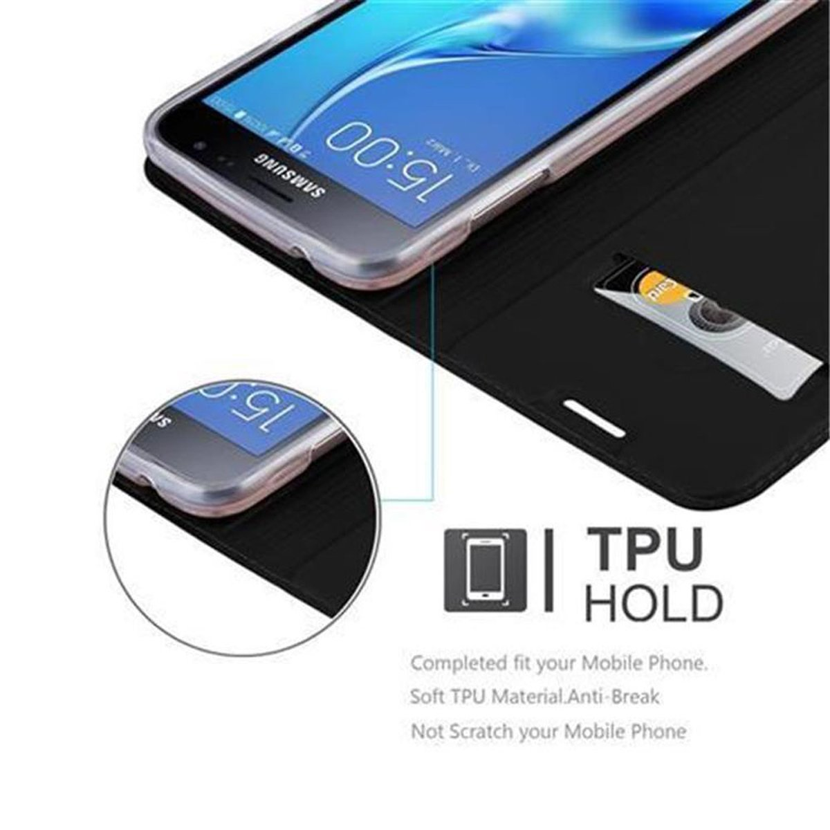 Telefono in una custodia nera, aperta. Testo: TPU HOLD. Una carta è in uno slot.