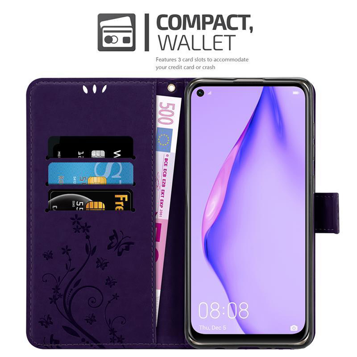 Custodia viola per telefono con telefono e carte all'interno. Testo: Portafoglio compatto.