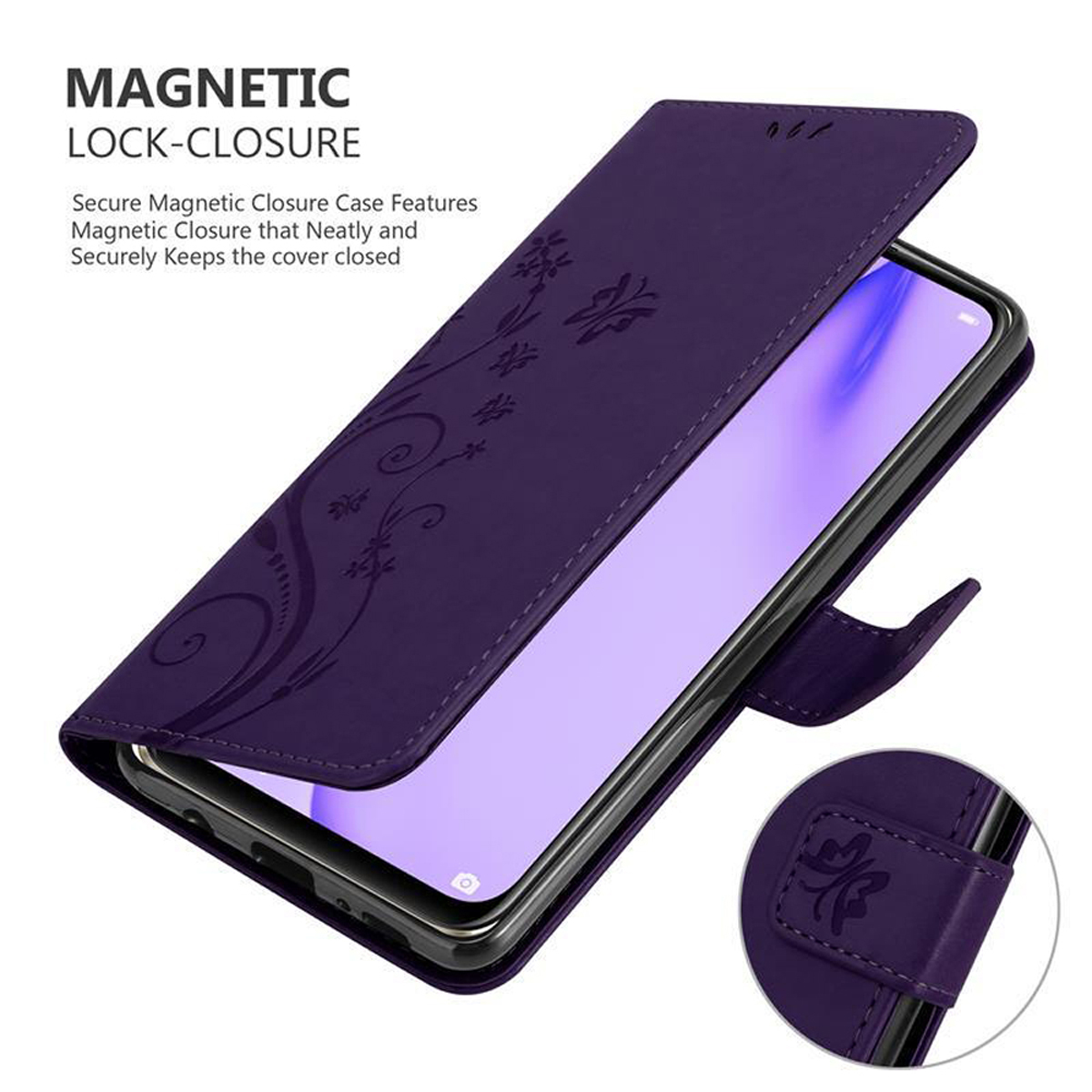 Custodia viola per telefono con design floreale.