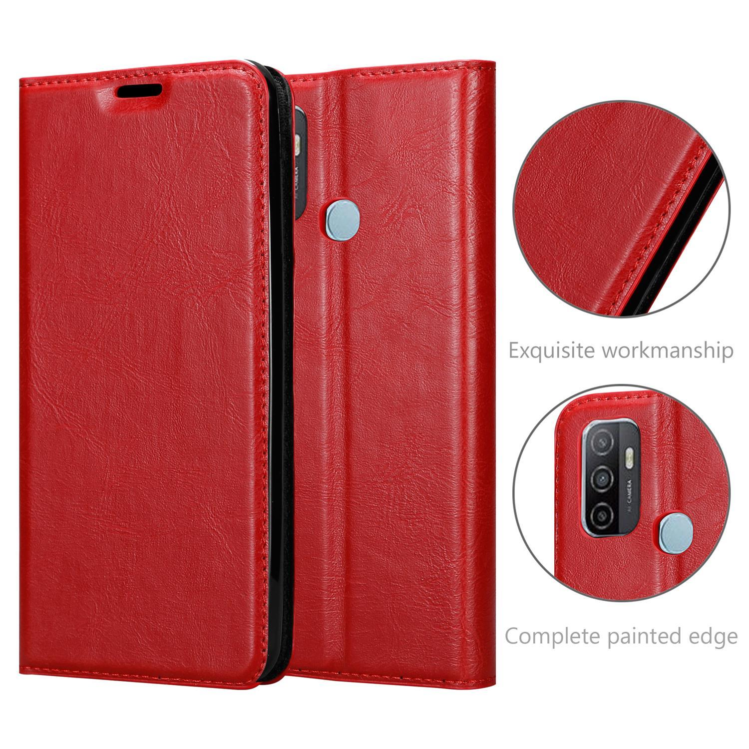 Custodia rossa per telefono, aperta. Sono visibili i dettagli della custodia e della fotocamera del telefono.