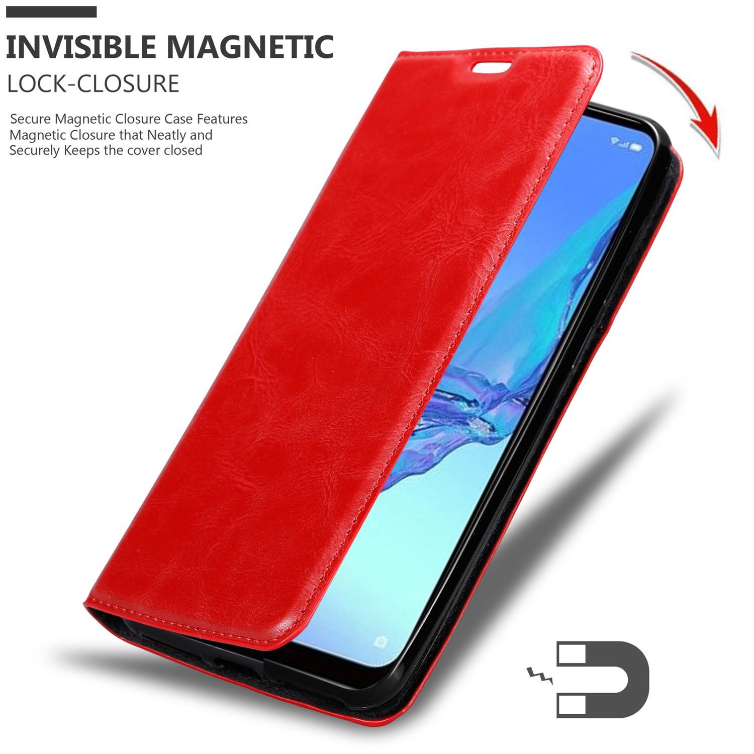 Custodia rossa aperta, mostra il telefono. Chiusura magnetica visibile.