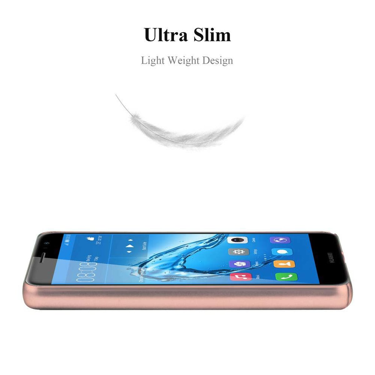 Telefono rosa su bianco. Piuma sopra il telefono. Testo: Ultra sottile, design leggero.