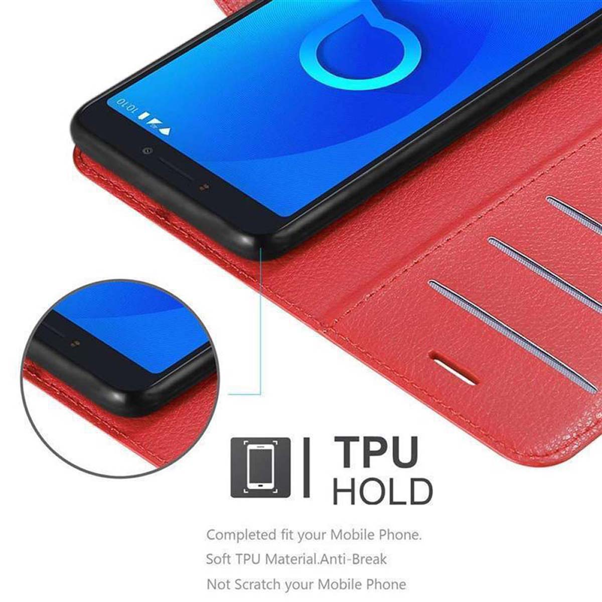 Rote Handyhülle geöffnet. Schwarzes Telefon innen. TPU HOLD darunter gedruckt. Zeigt Telefondetails.