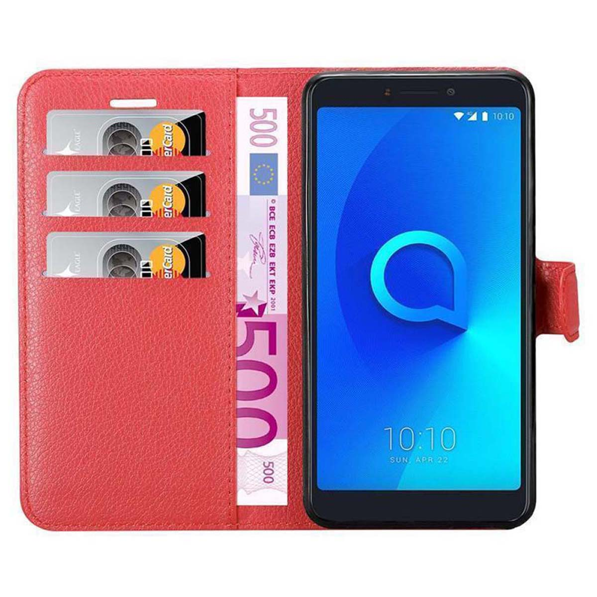 Rote Handyhülle mit Telefon, Banknoten und Karten im Inneren.