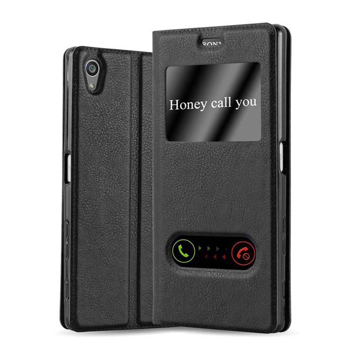 Una funda de teléfono de cuero negro con un teléfono dentro. La pantalla dice "Honey call you" con botones de llamada.