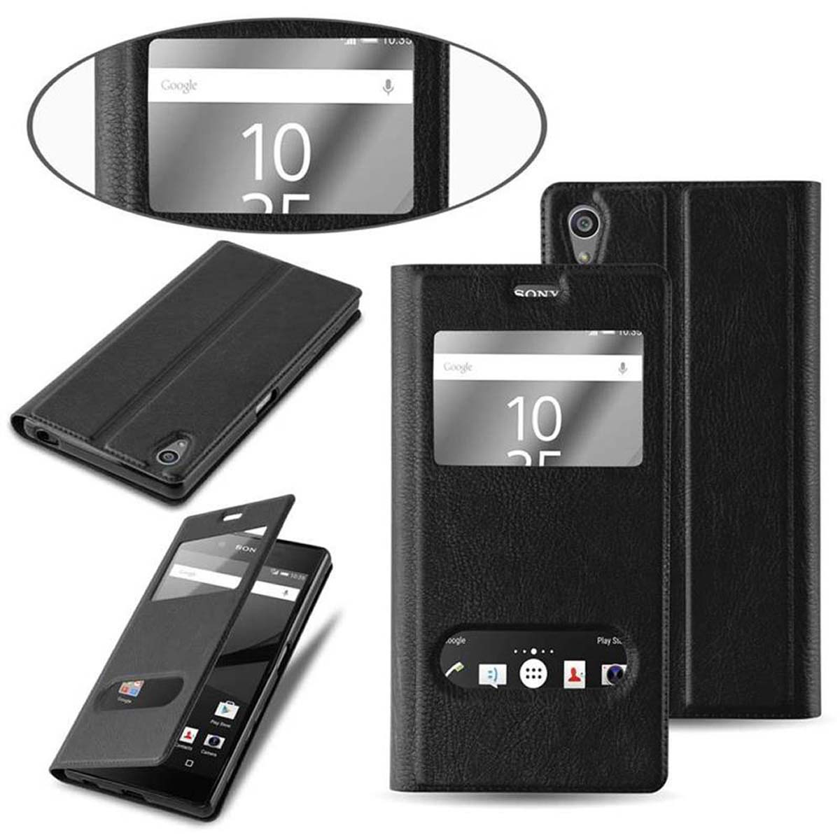 Funda de teléfono negra con un teléfono que muestra las 10:35. Cuenta con un diseño de ventana y múltiples ángulos de visión.