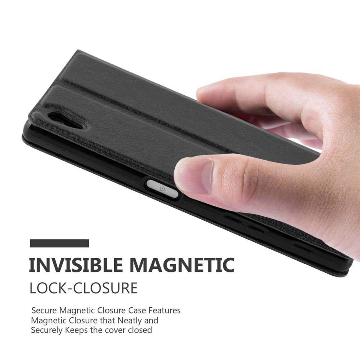 Mano sosteniendo una funda de teléfono negra cerrada. Texto: CIERRE DE BLOQUEO MAGNÉTICO INVISIBLE. Características de cierre seguro.
