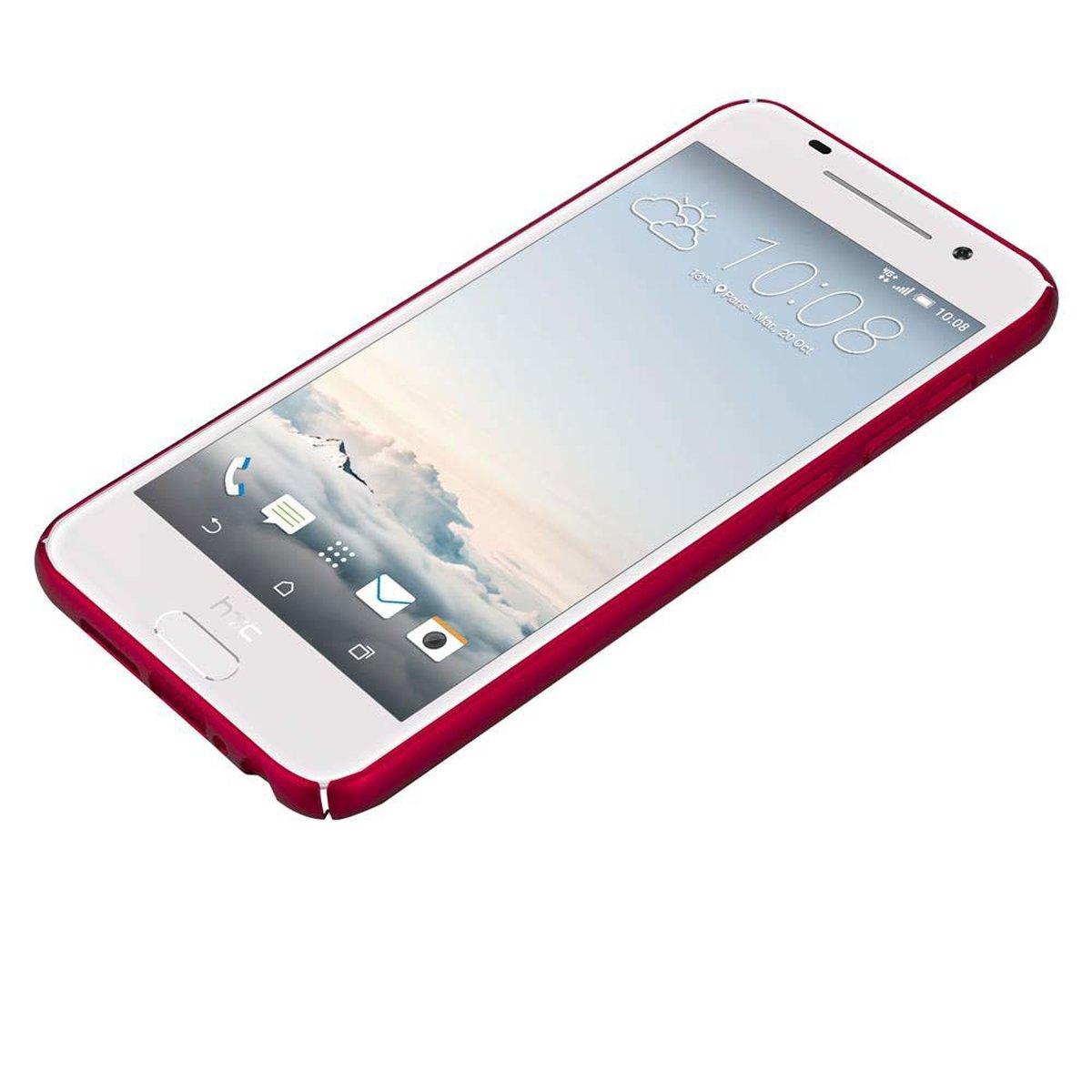 Telefono bianco e rosso con display, su sfondo bianco.