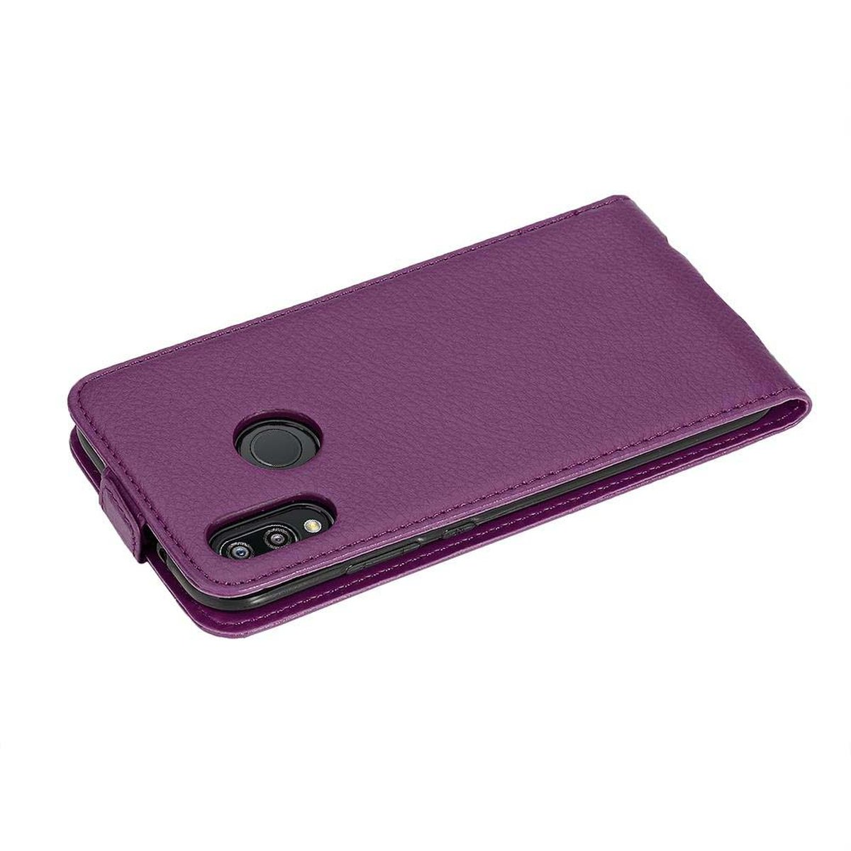 Custodia del telefono viola chiusa. L'area della fotocamera è visibile, così come la porta di ricarica del telefono.