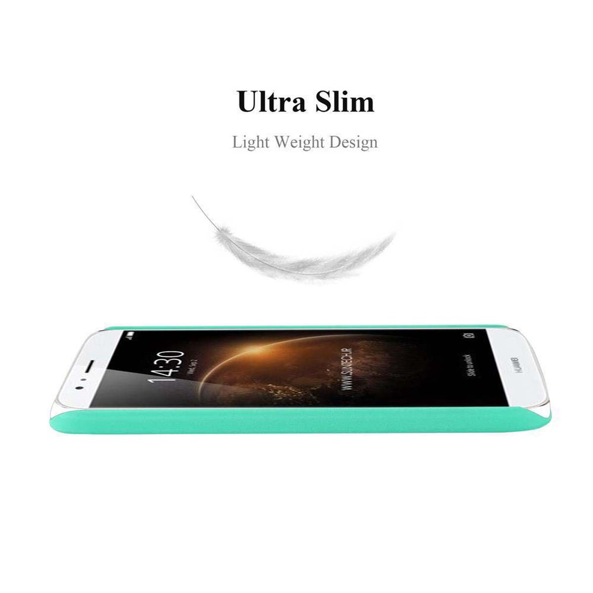Funda turquesa. Diseño ligero. Teléfono turquesa con pluma blanca flotando arriba.