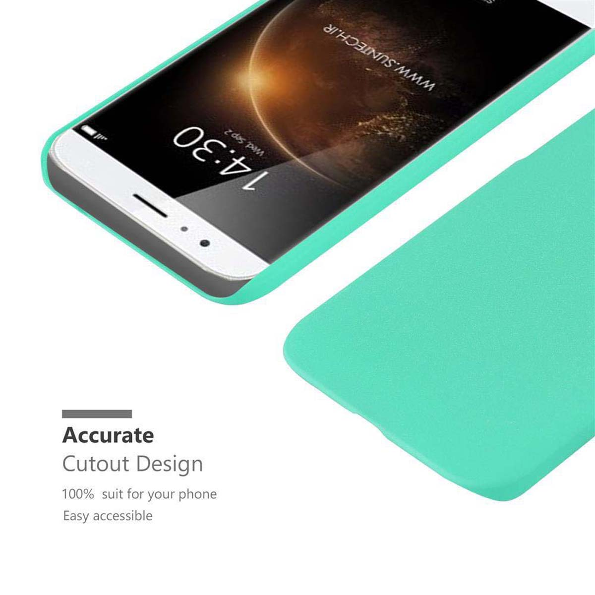 Un teléfono con una funda turquesa, mostrando la pantalla. El borde de la funda es visible, mostrando el contorno del teléfono.