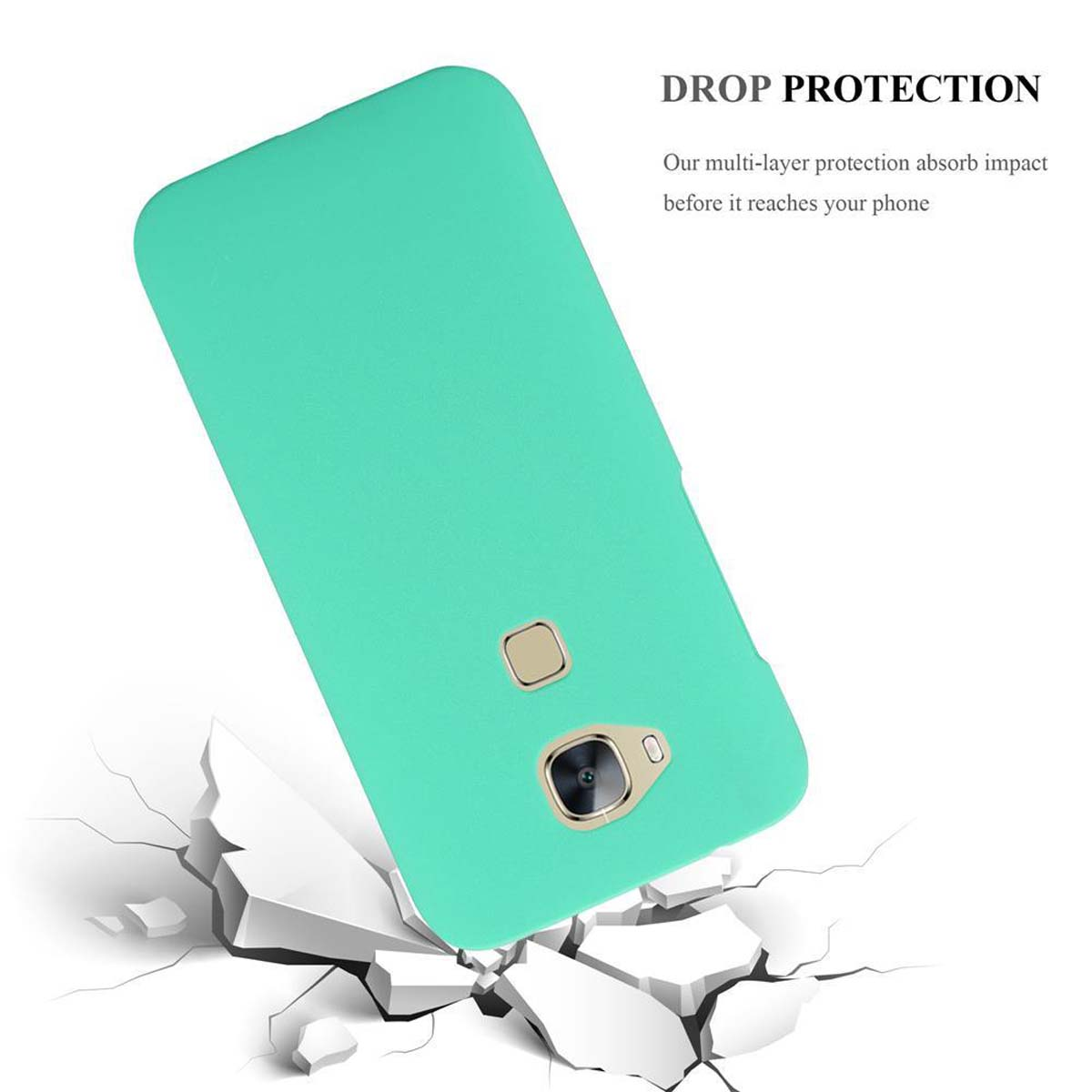 Funda de teléfono verde claro sobre superficie blanca, agrietada. Texto: Protección contra caídas.
