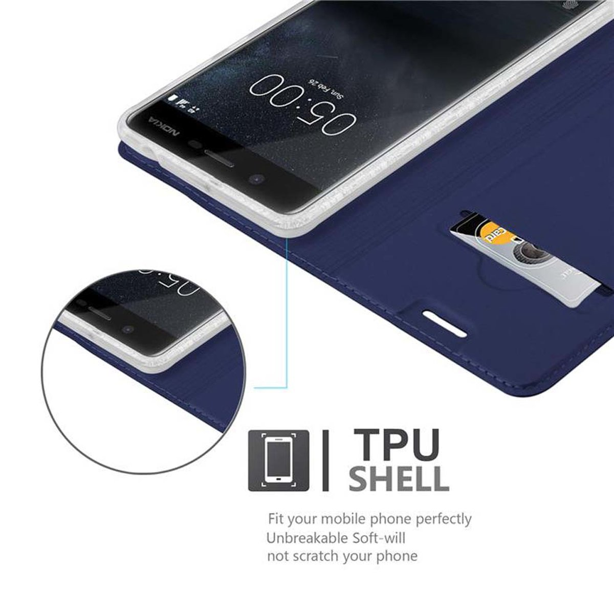Custodia blu navy, telefono all'interno. Testo: Guscio in TPU. Slot per schede. Il telefono mostra l'ora.