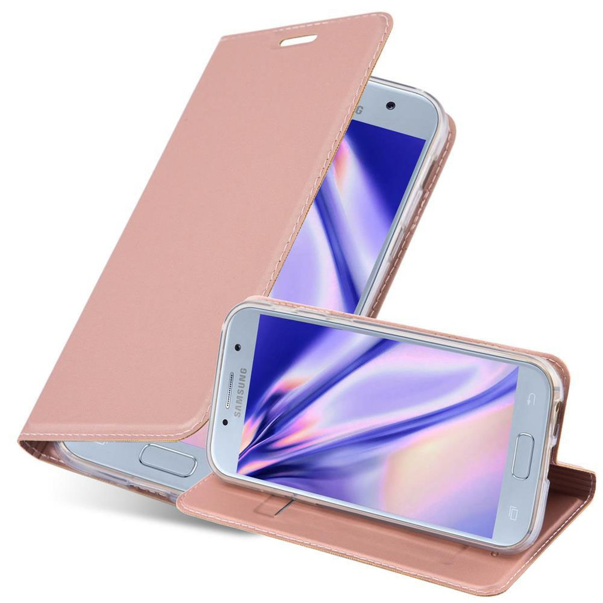 Dos teléfonos en fundas rosas, uno abierto, otro parcialmente, mostrando pantallas.