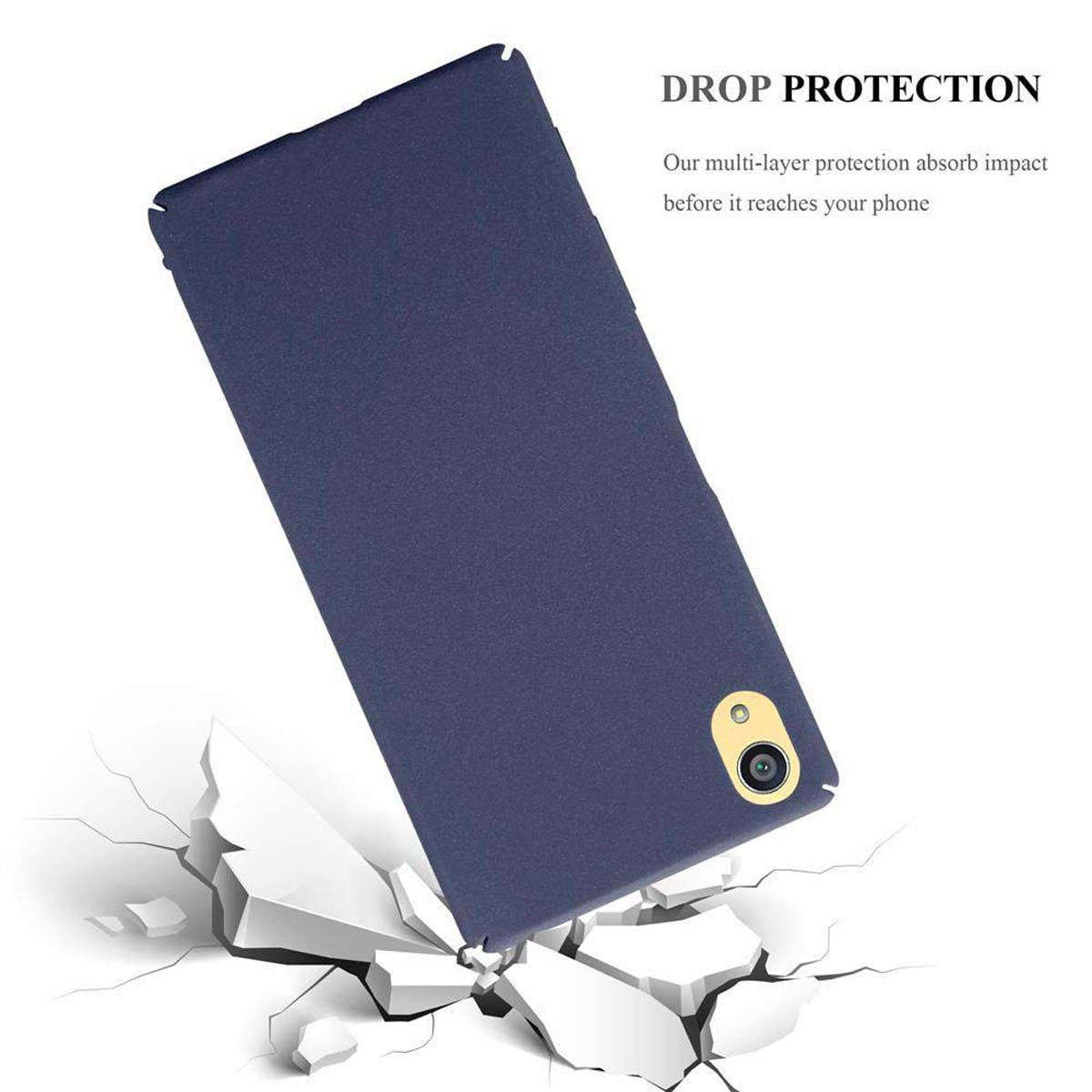 Funda azul para teléfono con protección contra caídas, sobre superficie agrietada. Texto: Protección contra caídas.