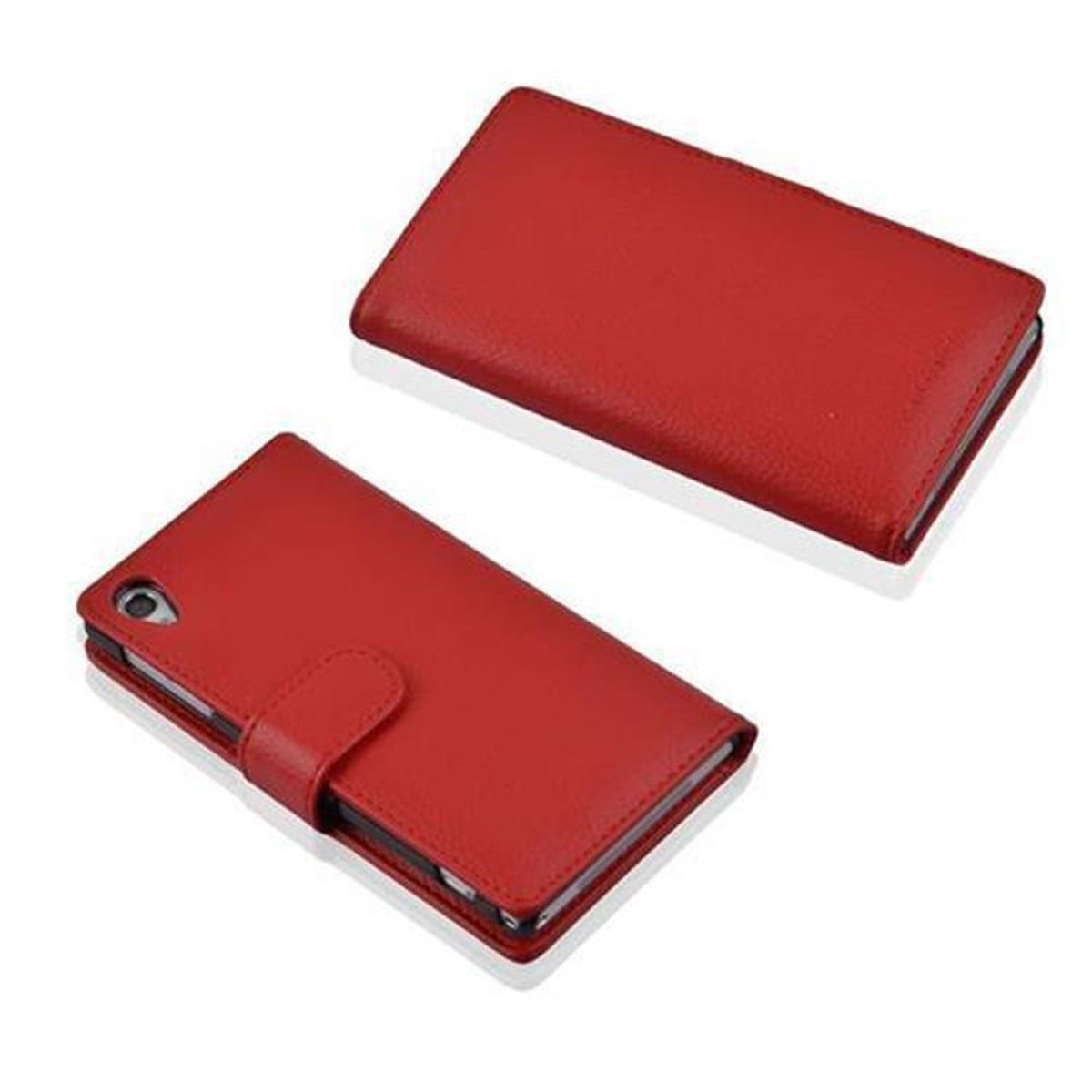 Dos fundas rojas para teléfono, una abierta y otra cerrada. La funda abierta muestra el cuerpo del teléfono.