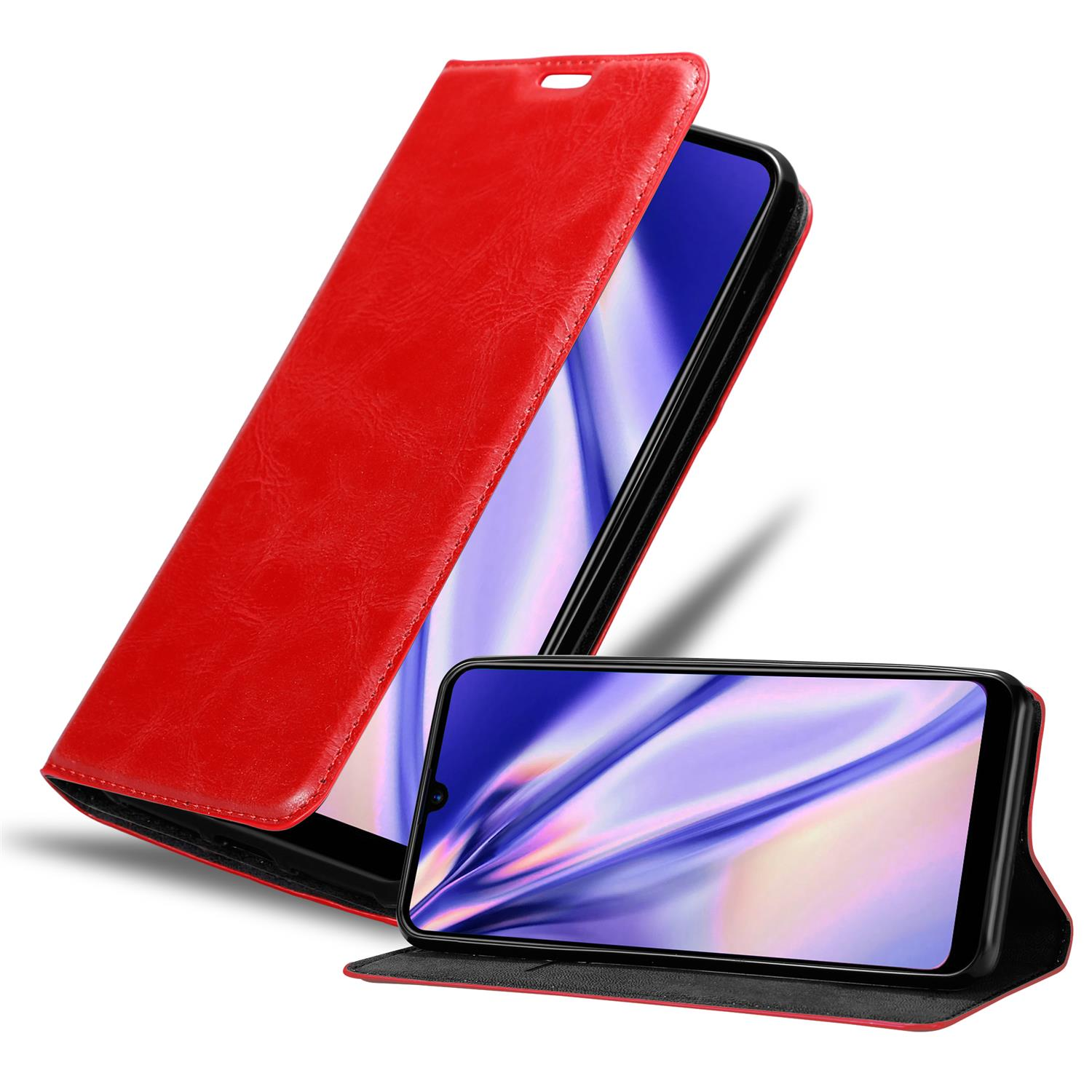 Custodia rossa per telefono aperta. Il telefono è all'interno che mostra uno schermo blu e bianco.