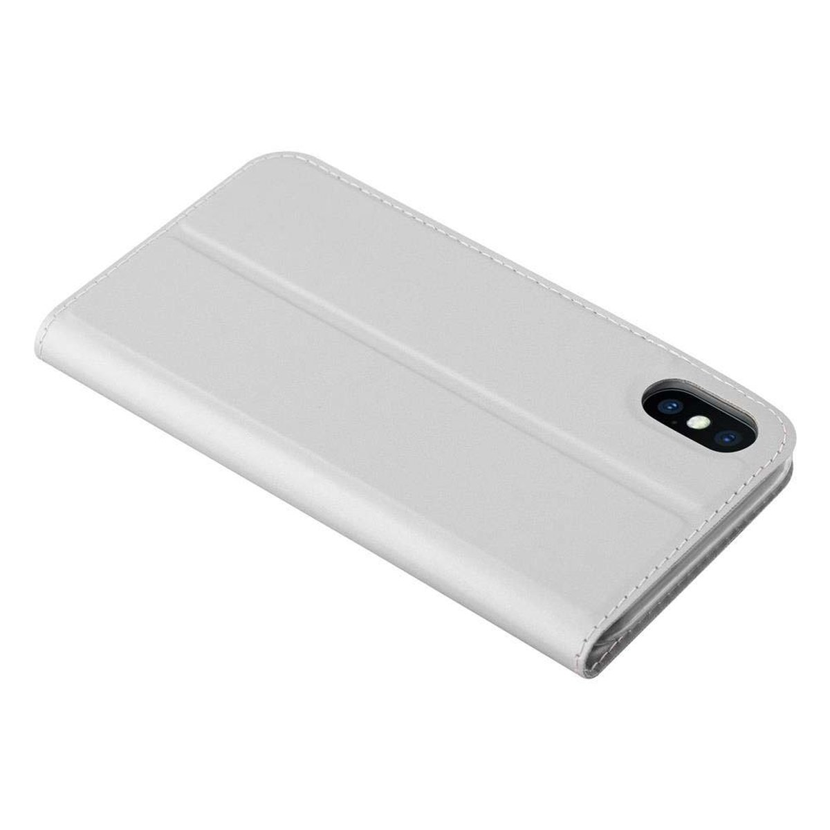 Custodia per telefono grigio chiaro. Chiusa, con un telefono all'interno. La custodia ha una texture liscia con cuciture.