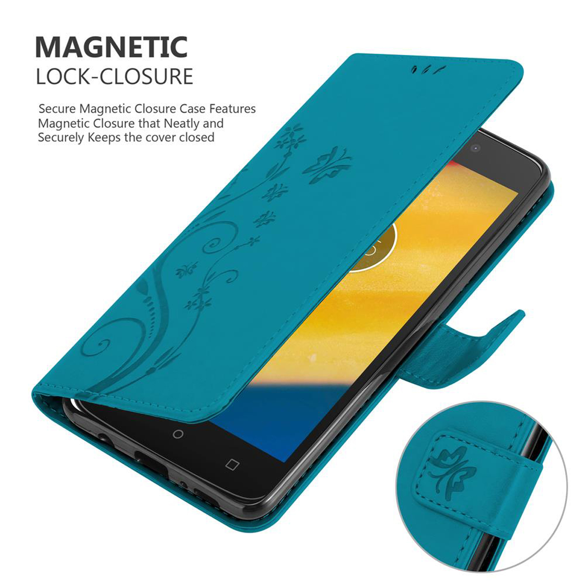 Custodia per telefono turchese aperta, che mostra un telefono. La custodia ha un design floreale e una chiusura magnetica.