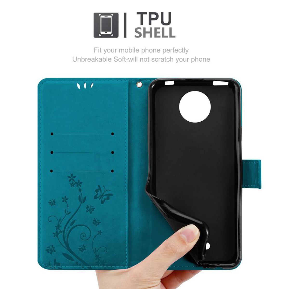 Una custodia verde acqua per telefono, aperta, con un telefono dentro, mano che la tiene.