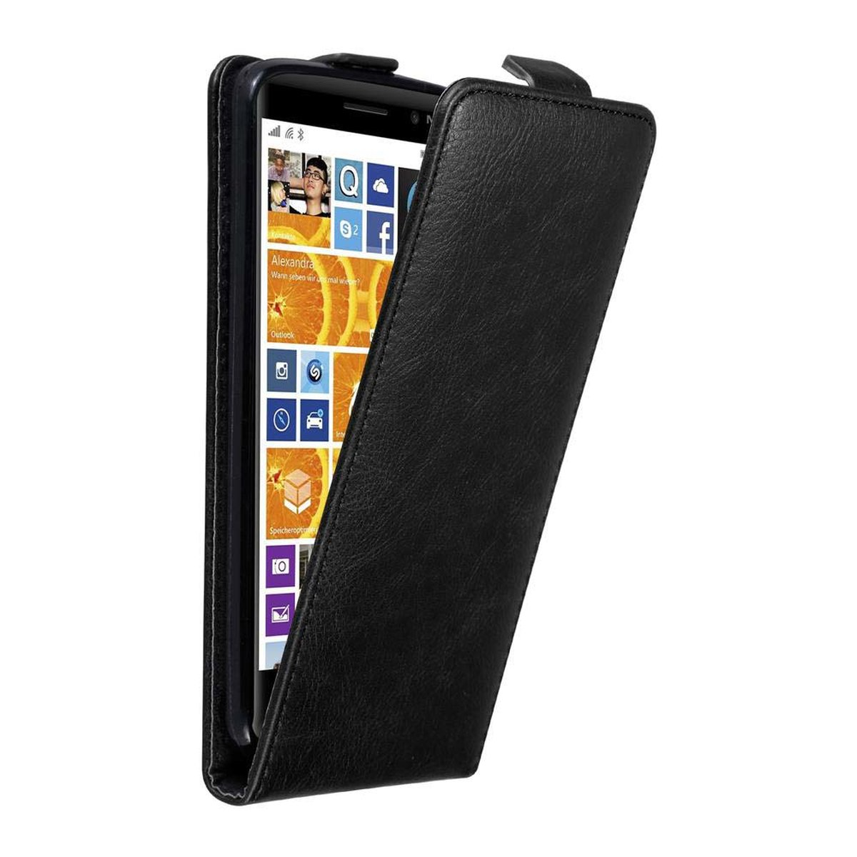 Schwarzes Telefon in schwarzer Lederhülle mit geöffneter Abdeckung. Bildschirm zeigt App-Symbole.