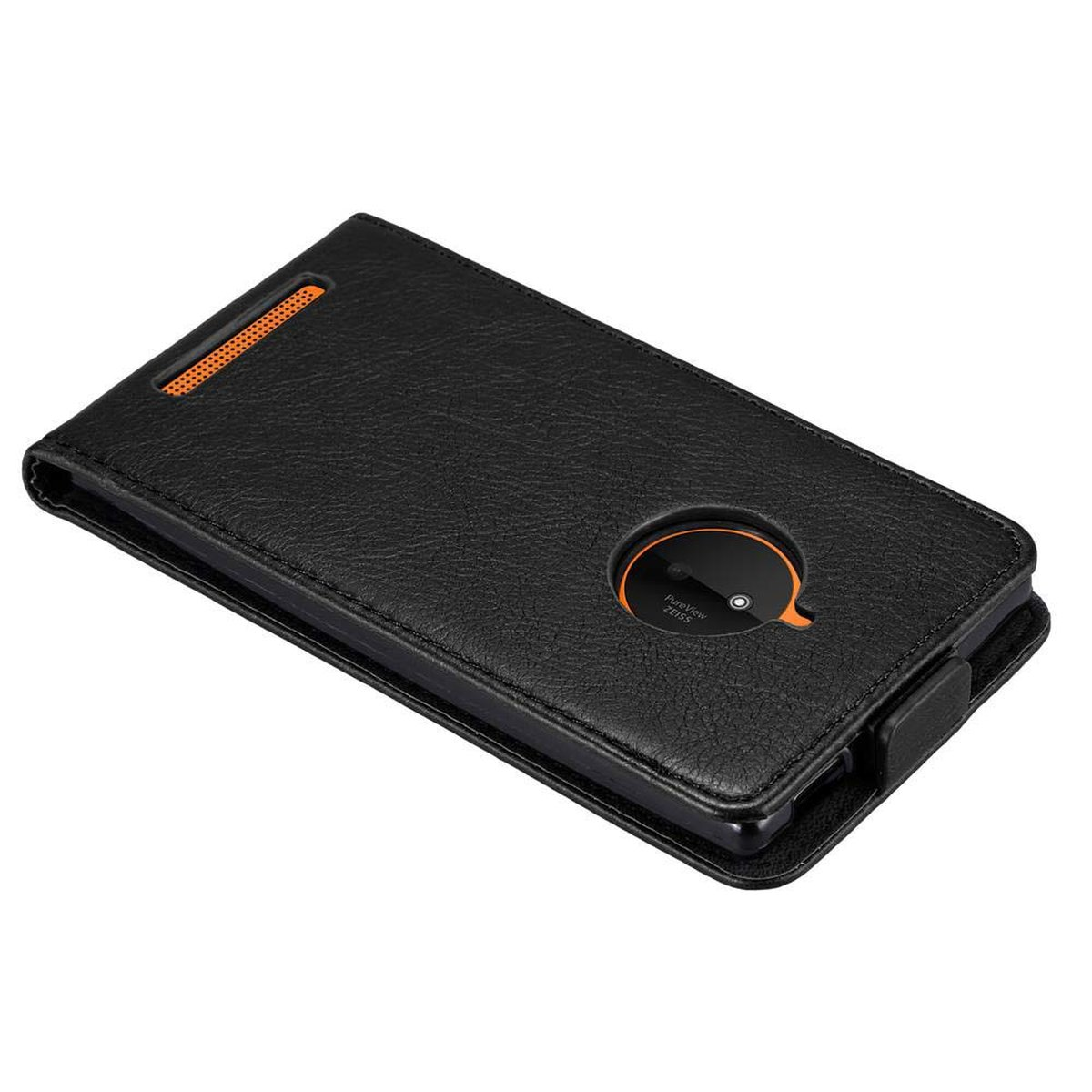 Schwarze Leder-Handyhülle mit orangefarbenen Akzenten. Kameraausschnitt, Telefon sichtbar.