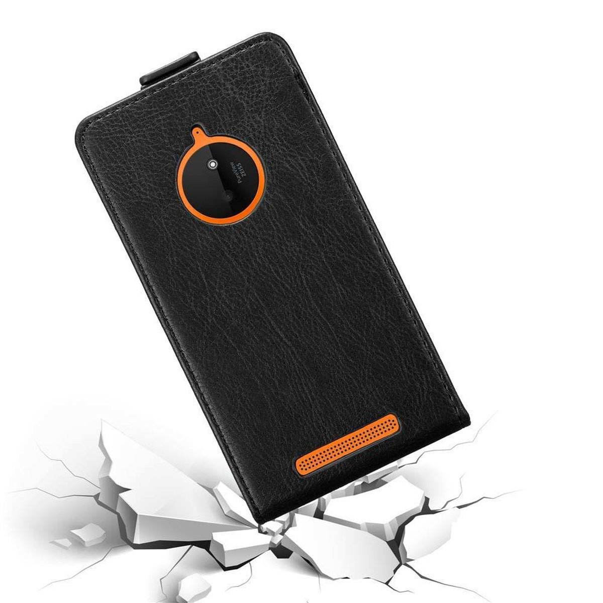 Schwarze Handyhülle mit Telefon, zerbrochener Boden im Vordergrund.