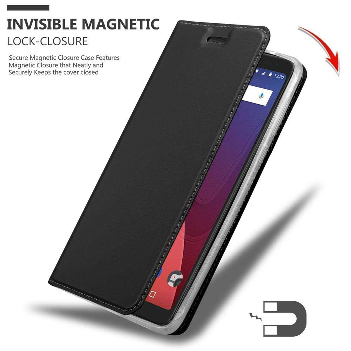 Custodia nera per telefono, apertura. Testo: 'CHIUSURA MAGNETICA INVISIBILE'. Un magnete è visibile.