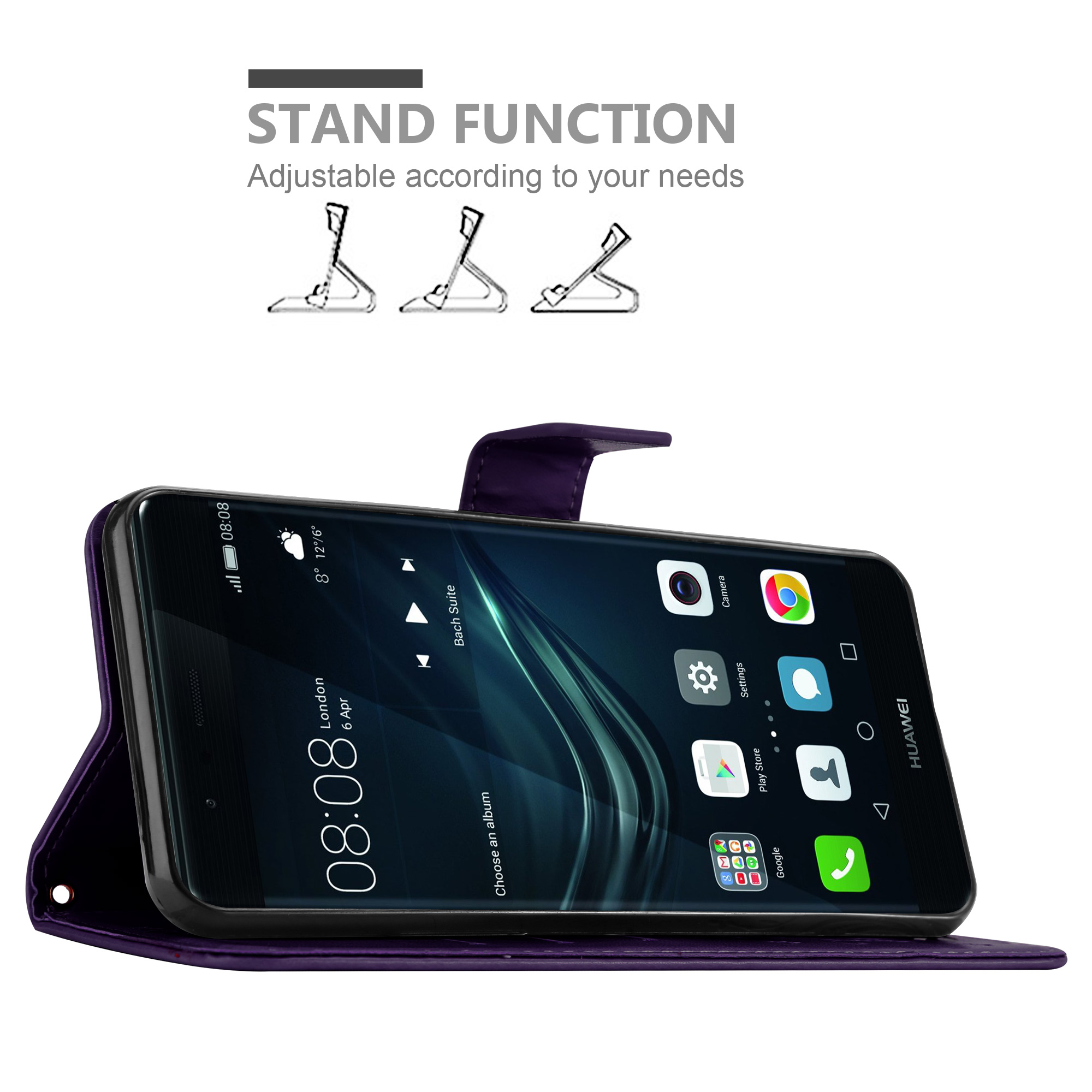 Offene Handyhülle mit Telefon, in Standfunktion. Text: 'Stand Function'. Huawei-Telefonbildschirm.