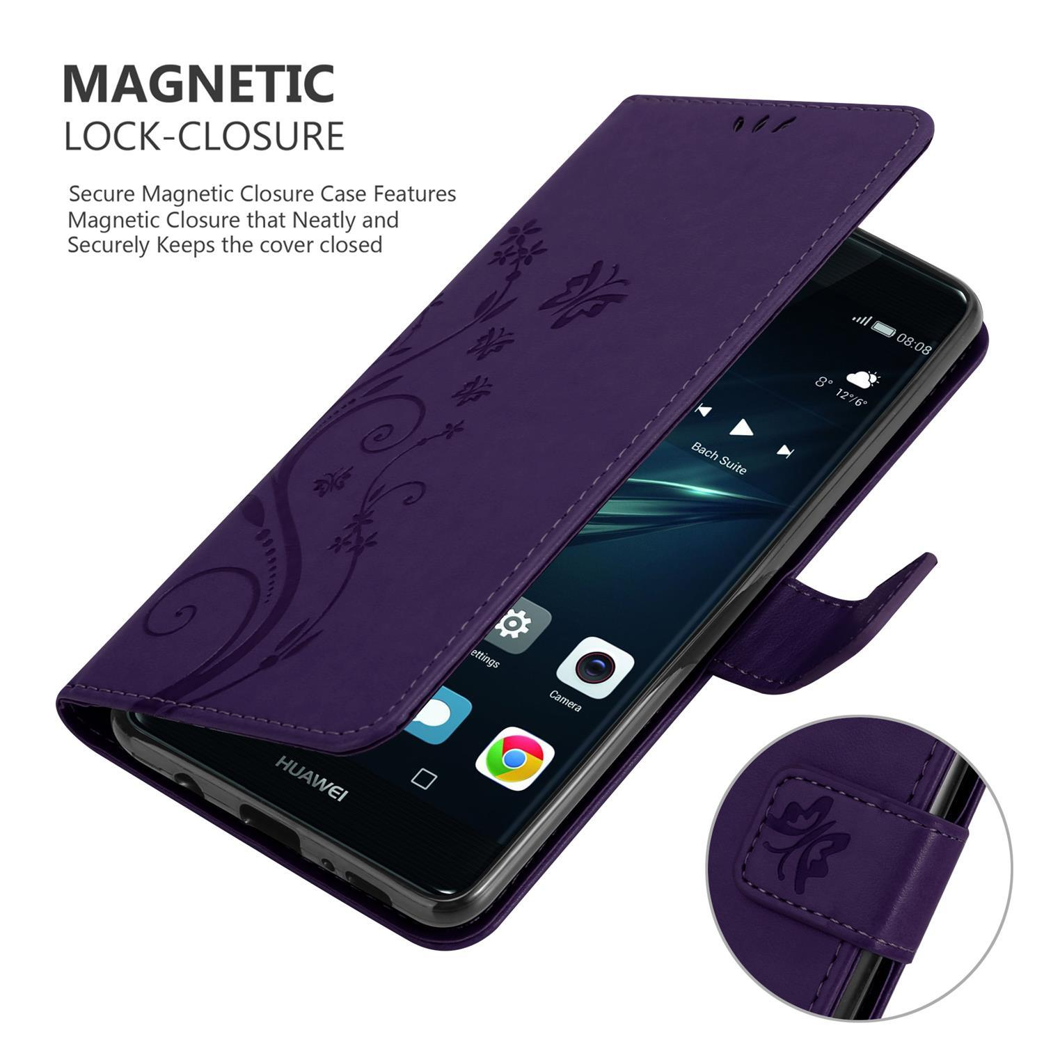 Violette Handyhülle offen, zeigt Telefon im Inneren. Text: Magnetverschluss.