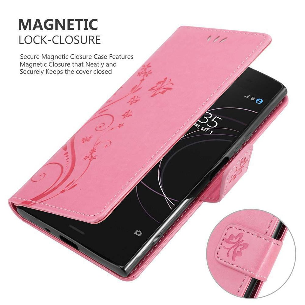 Custodia per telefono rosa aperta che mostra un telefono, con design floreale. Ha una chiusura magnetica.