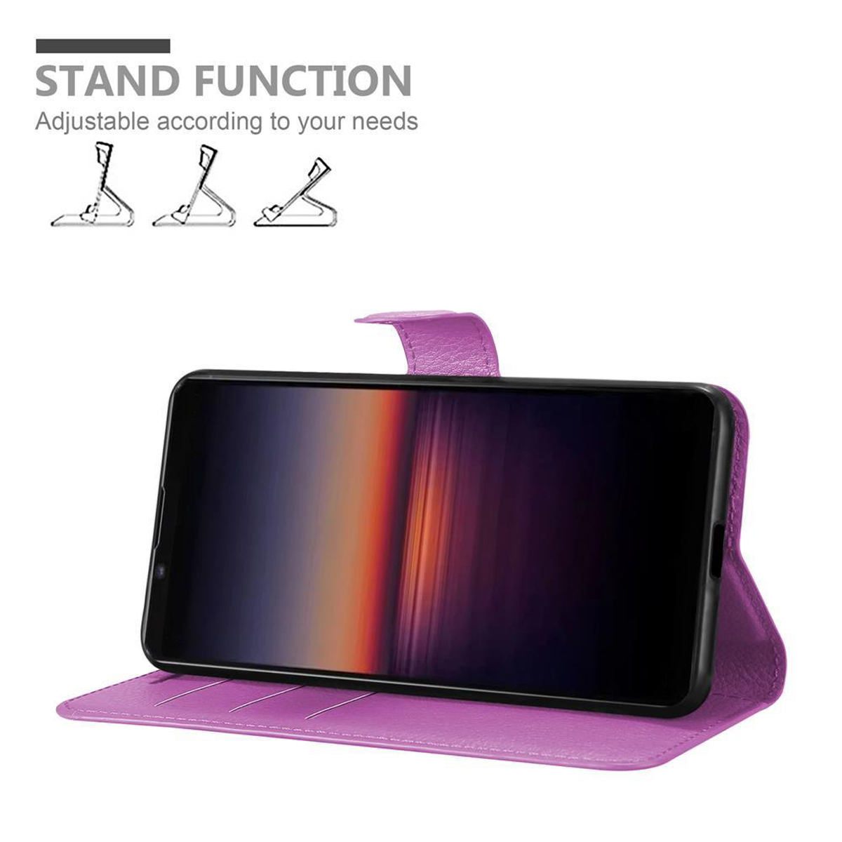 Custodia per telefono viola con funzione supporto. Il telefono è nella custodia.